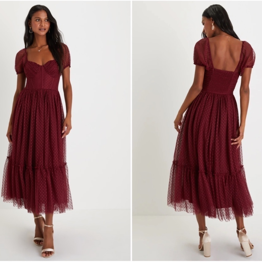 LULU's Sexy Wedding Elegant Boho Sweet Swiss Dot Tulle Chic Midi Dress - Picture 6 of 6